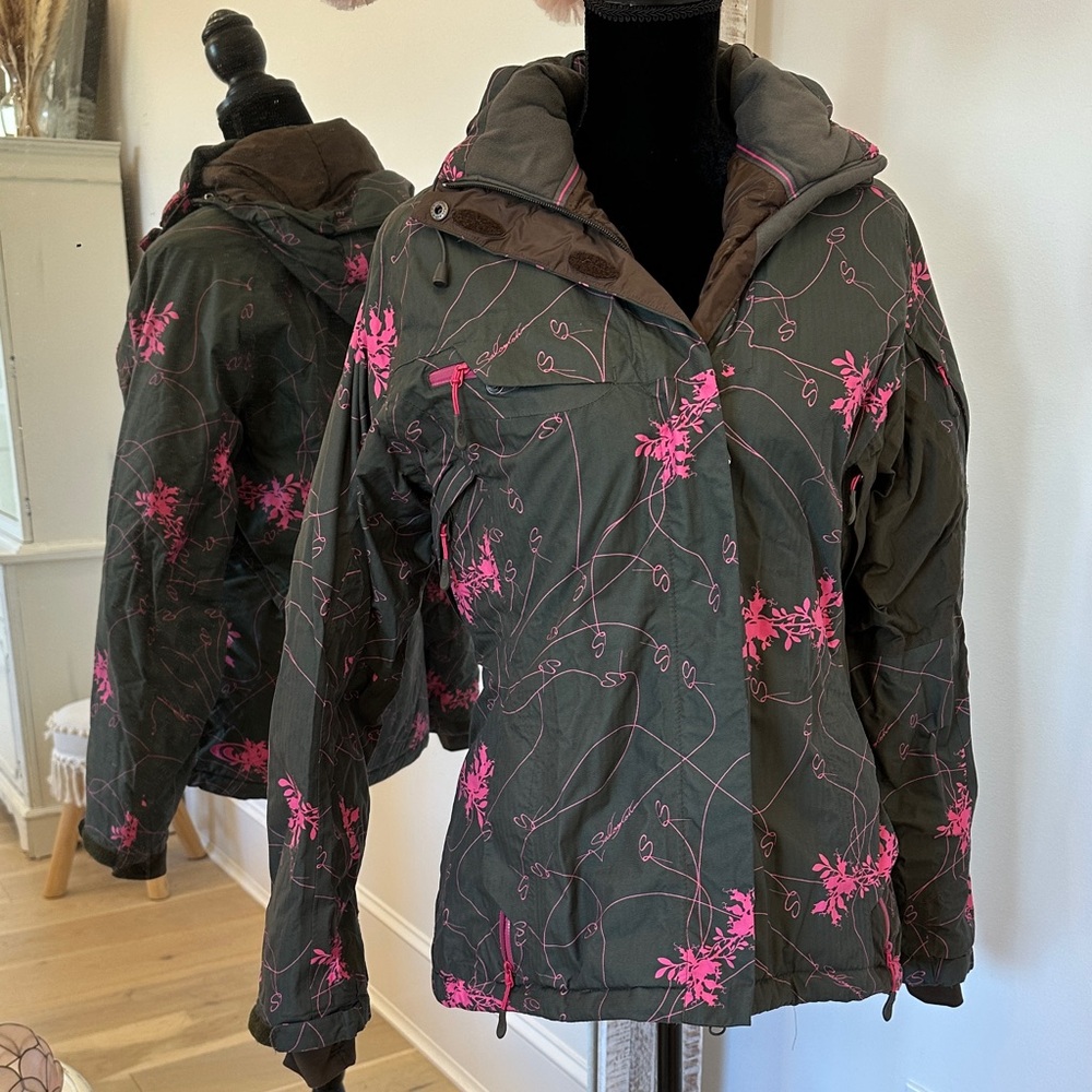 Salomon Women's Olive Green and Brown Ski Jacket with Pink Floral Print